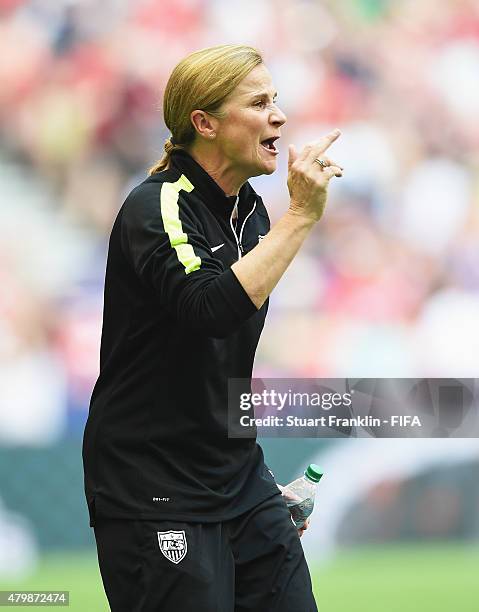 Jill Ellis, head coach of USA gestures during the FIFA Women's World Cup Final between USA and Japan at BC Place Stadium on July 5, 2015 in...