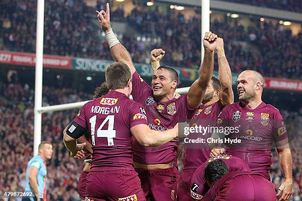 Justin Hodges of the Maroons celebrates during game three of the State of Origin series between the Queensland Maroons and the New South Wales Blues...
