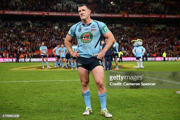 Blues captain Paul Gallen looks dejected after losing game three of the State of Origin series between the Queensland Maroons and the New South Wales...