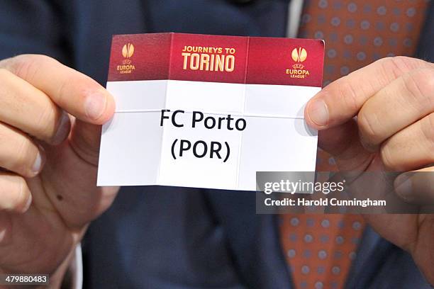 Porto is drawn during the UEFA Europa League 2013/14 season quarter-finals draw at the UEFA headquarters, The House of European Football, on March...