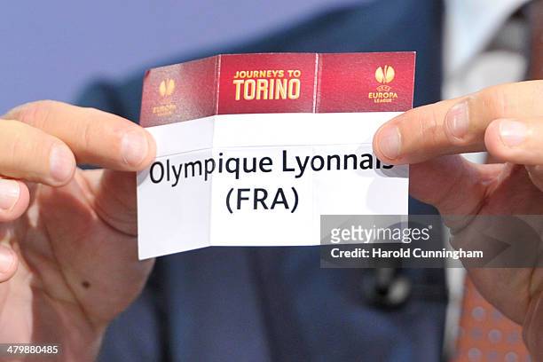 Olympique Lyonnais is drawn during the UEFA Europa League 2013/14 season quarter-finals draw at the UEFA headquarters, The House of European...