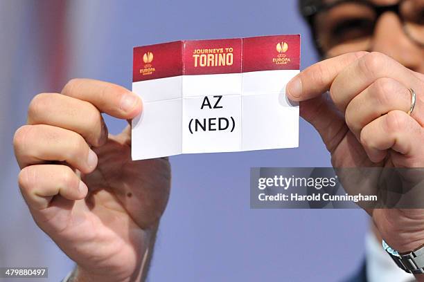 Is drawn during the UEFA Europa League 2013/14 season quarter-finals draw at the UEFA headquarters, The House of European Football, on March 21, 2014...