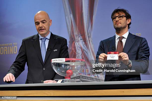 General Secretary Gianni Infantino looks on as Ambassador for the final Ciro Ferrara draws FC Porto during the UEFA Europa League 2013/14 season...