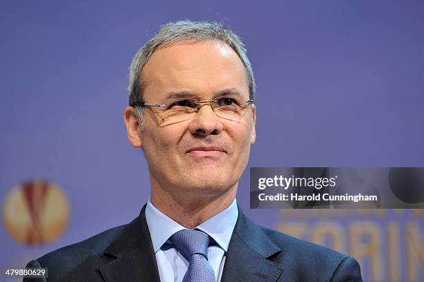 Competition Director Giorgio Marchetti speaks during the UEFA Europa League 2013/14 season quarter-finals draw at the UEFA headquarters, The House of...