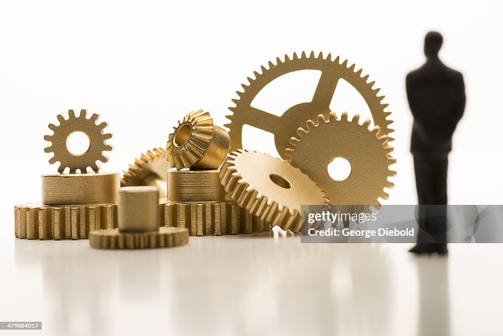 Man contemplating gold gears