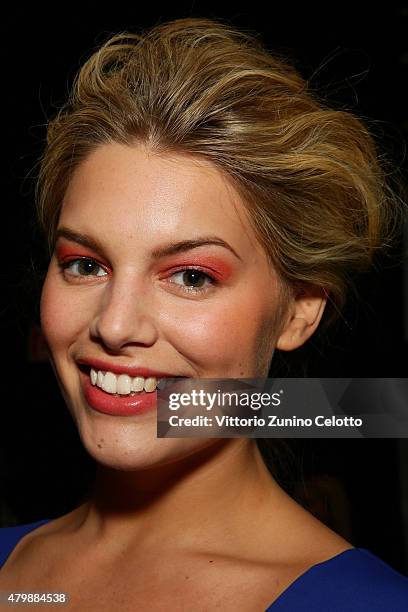 Model Angelina Kirsch poses backstage ahead of the Minx by Eva Lutz show during the Mercedes-Benz Fashion Week Berlin Spring/Summer 2016 at...