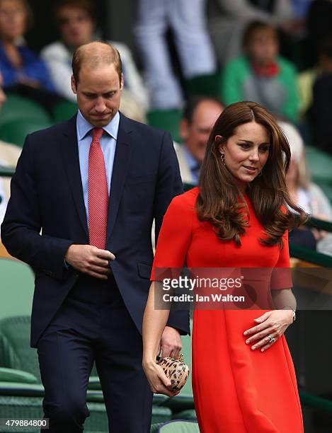 Catherine, Duchess of Cambridge and Prince William, Duke of Cambridge attend day nine of the Wimbledon Lawn Tennis Championships at the All England...