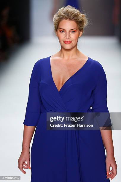 Model Angelina Kirsch walks the runway at the Minx by Eva Lutz show during the Mercedes-Benz Fashion Week Berlin Spring/Summer 2016 at Brandenburg...