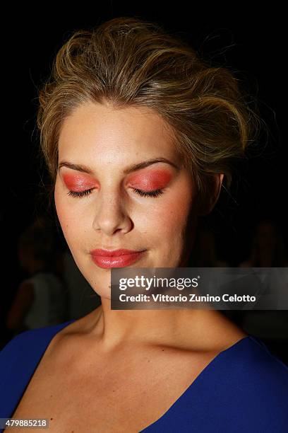 Model Angelina Kirsch poses backstage ahead of the Minx by Eva Lutz show during the Mercedes-Benz Fashion Week Berlin Spring/Summer 2016 at...