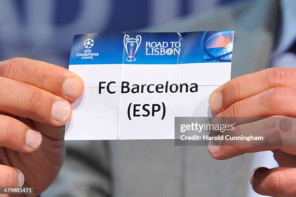 Barcelona is drawn during the UEFA Champions League 2013/14 season quarter-finals draw at the UEFA headquarters, The House of European Football, on...