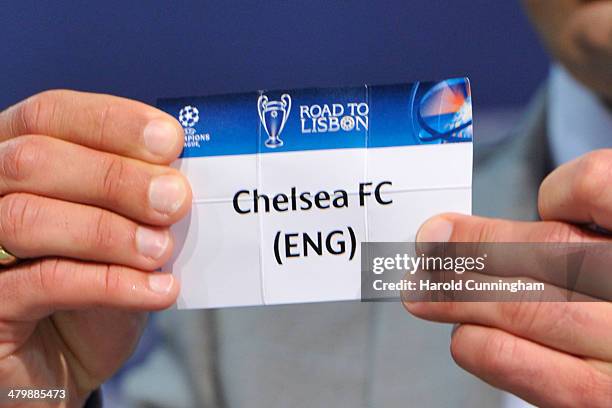 Chelsea FC is drawn during the UEFA Champions League 2013/14 season quarter-finals draw at the UEFA headquarters, The House of European Football, on...