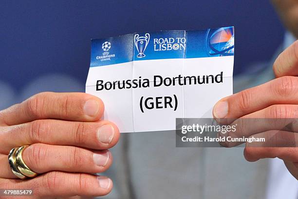 Borussia Dortmund is drawn during the UEFA Champions League 2013/14 season quarter-finals draw at the UEFA headquarters, The House of European...