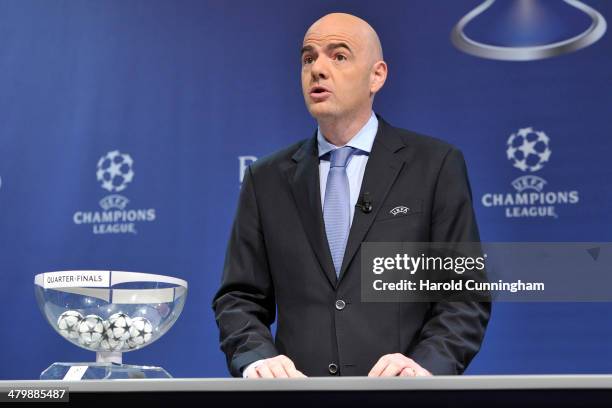 General Secretary Gianni Infantino speaks during the UEFA Champions League 2013/14 season quarter-finals draw at the UEFA headquarters, The House of...