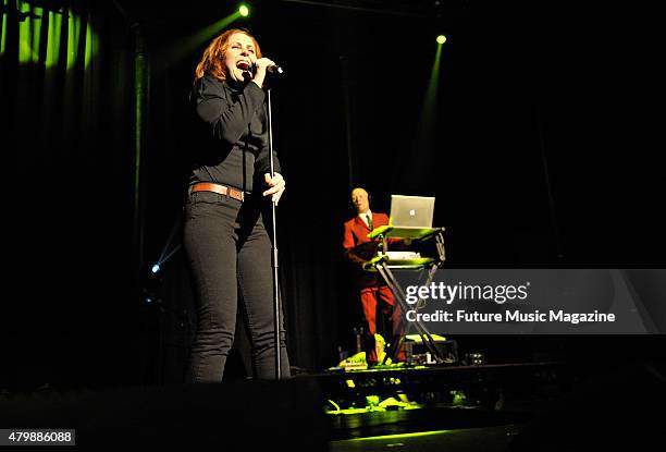 Vocalist Alison Moyet and keyboardist Vince Clarke of English synth pop group Yazoo performing live on stage as part of the Mute Records 80's Night...