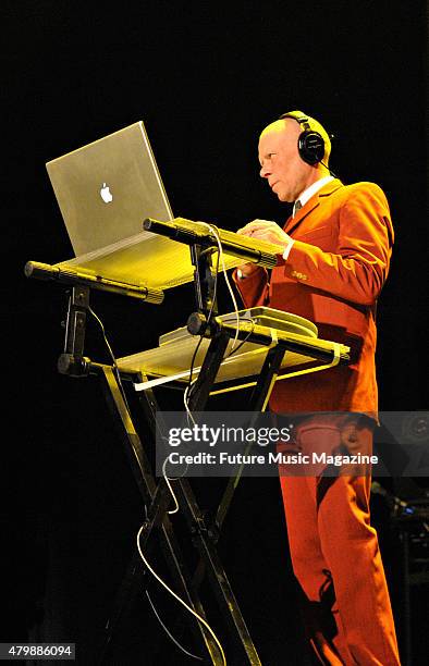 Keyboardist Vince Clarke of English synth pop group Yazoo performing live on stage as part of the Mute Records 80's Night at the Roundhouse in...