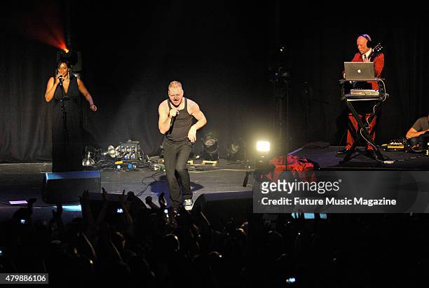 Vocalist Andy Bell and keyboardist Vince Clarke of English synth pop group Erasure performing live on stage as part of the Mute Records 80's Night at...