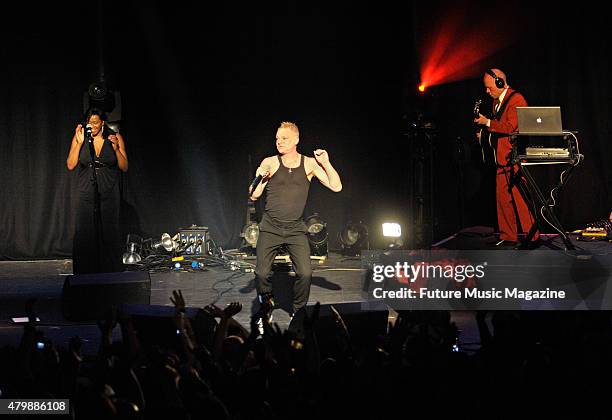 Vocalist Andy Bell and keyboardist Vince Clarke of English synth pop group Erasure performing live on stage as part of the Mute Records 80's Night at...