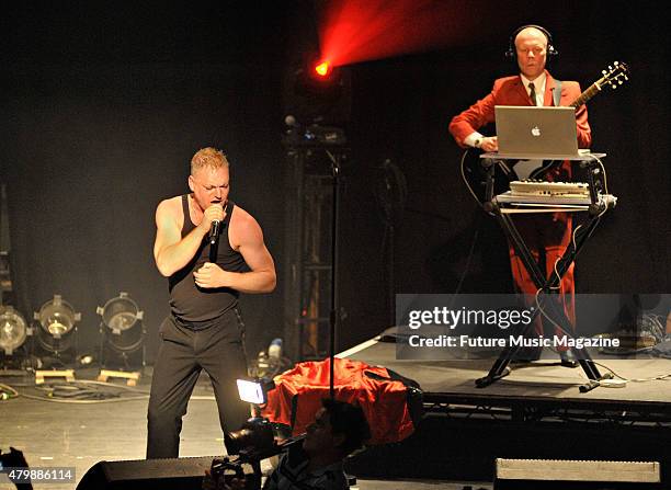 Vocalist Andy Bell and keyboardist Vince Clarke of English synth pop group Erasure performing live on stage as part of the Mute Records 80's Night at...