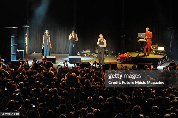 Vocalist Andy Bell and keyboardist Vince Clarke of English synth pop group Erasure performing live on stage as part of the Mute Records 80's Night at...