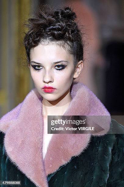 Model walks the runway during the Ulyana Sergeenko show as part of Paris Fashion Week Haute Couture Fall/Winter 2015/2016 on July 5, 2015 in Paris,...