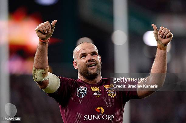 Nate Myles of the Maroons celebrates with fans during game three of the State of Origin series between the Queensland Maroons and the New South Wales...