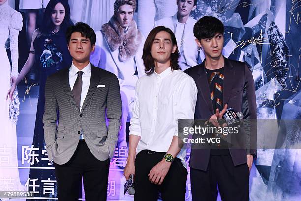 Actor Jo Jiang, singer and actor Lee Hyun-Jae and model and actor Ming Ren arrive at red carpet for "Tiny Times 4.0" premiere on July 8, 2015 in...