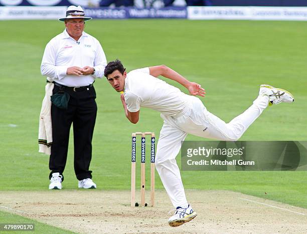 Mitchell Starc of Australia bowling during day one of the first 1st Investec Ashes Test match, at SSE Swalec Ground on July 08, 2015 in Cardiff,...