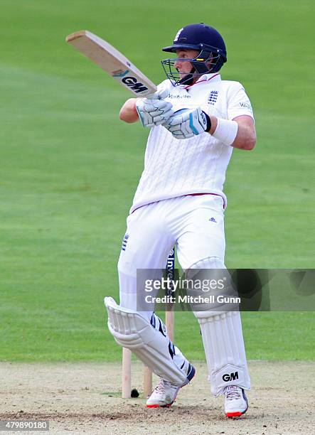 Joe Root of England plays a shot during day one of the first 1st Investec Ashes Test match, at SSE Swalec Ground on July 08, 2015 in Cardiff, Wales.