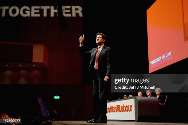 Ed Miliband, leader of the Labour Party gives his speech to the Scottish Labour conference on March 21, 2014 in Perth, Scotland. Mr Miliband told...