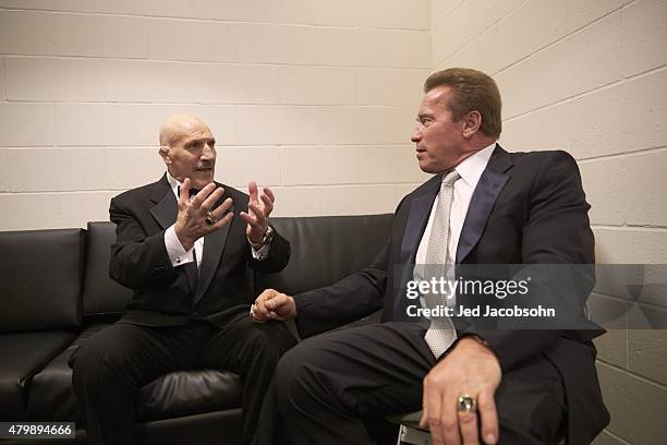 Professional Wrestling: WWE Hall of Fame Induction: Arnold Schwarzenegger talking with Bruno Sammartino before WWE Hall of Fame Induction Ceremony at...