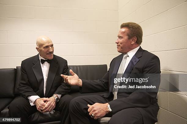 Professional Wrestling: WWE Hall of Fame Induction: Arnold Schwarzenegger talking with Bruno Sammartino before WWE Hall of Fame Induction Ceremony at...