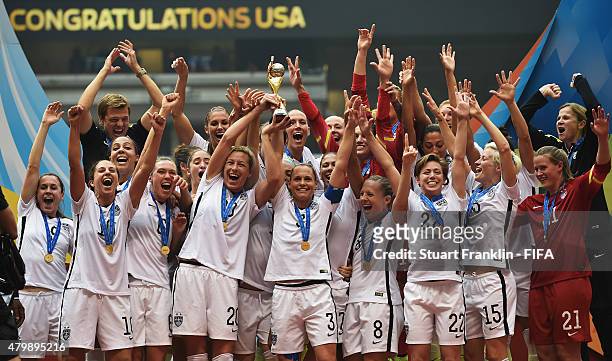 The players of USA are presented with the FIFA Women's World Cup trophy at the FIFA Women's World Cup Final between USA and Japan at BC Place Stadium...