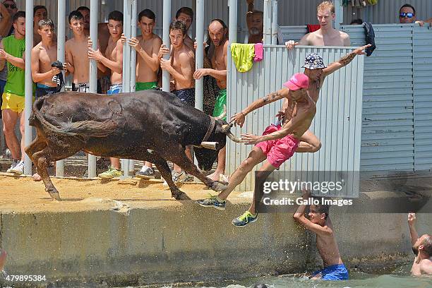 Locals and tourists take part in the 'Toros Al Mar' on July 7, 2015 in Denia, Spain. 'Toros la Mar' is part of the folk festival 'Santisima Sangre.'...