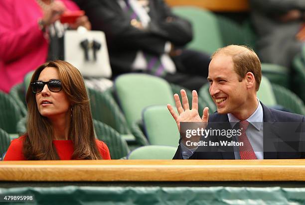 Catherine, Duchess of Cambridge and Prince William, Duke of Cambridge attend day nine of the Wimbledon Lawn Tennis Championships at the All England...