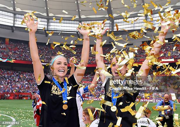 Julie Johnston and Morgan Brian of USA celebrate after the FIFA Women's World Cup 2015 Final between USA and Japan at BC Place Stadium on July 5,...
