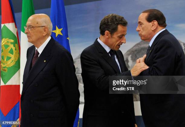 Italian President Giorgio Napolitano , French President Nicolas Sarkozy and Italian Prime Minister Silvio Berlusconi are pictured during the Group of...