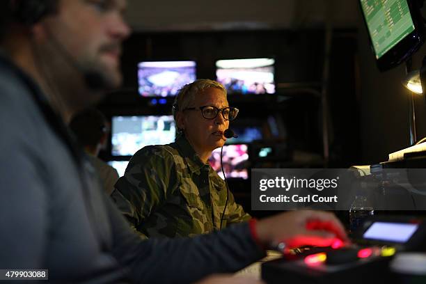 Production staff work in an edit studio on day 9 of the Wimbledon Lawn Tennis Championships at the All England Lawn Tennis and Croquet Club on July...