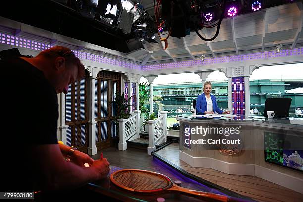 Journalist Chris McKendry prepares to present an update in a broadcast studio on day 9 of the Wimbledon Lawn Tennis Championships at the All England...