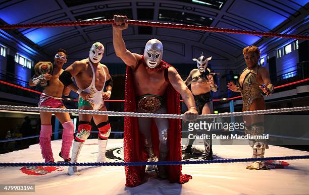 Lucha Libre wrestler El Hijo Del Santo poses with Cassius, Dr Wagner JR, Metallico and Cassandro at York Hall with Lucha Britannia's Metallico on...