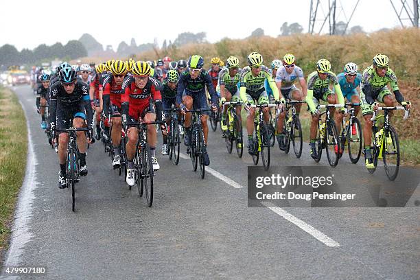 The riders from Team Sky, BMC Racing Team, Movistar Team and Tinkhoff-Saxo work at the front of the peloton during stage five of the 2015 Tour de...