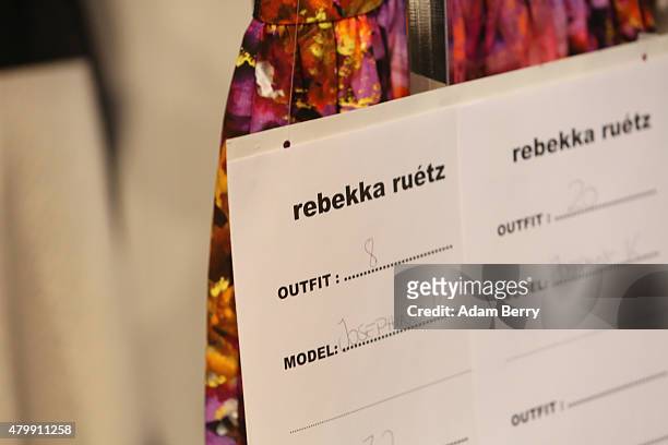 Signage is seen backstage during the Rebekka Ruetz show during the Mercedes-Benz Fashion Week Berlin Spring/Summer 2016 at Brandenburg Gate on July...