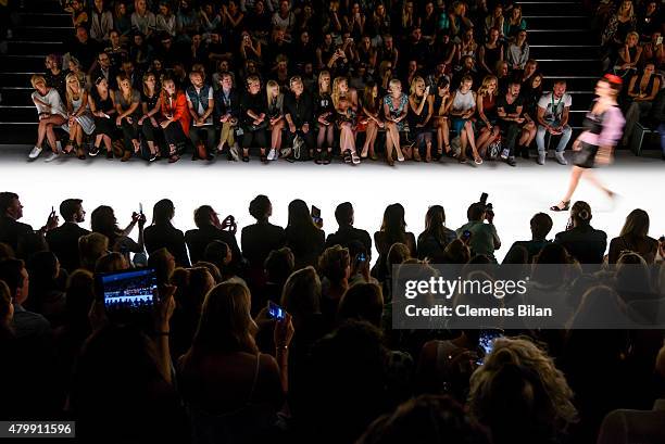 Model walks the runway at the Rebekka Ruetz show during the Mercedes-Benz Fashion Week Berlin Spring/Summer 2016 at Brandenburg Gate on July 8, 2015...