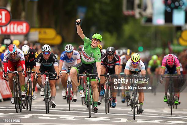 Andre Greipel of Germany and Lotto-Soudal celebrates his victory during stage five of the 2015 Tour de France, a 189.5km stage between Arras and...