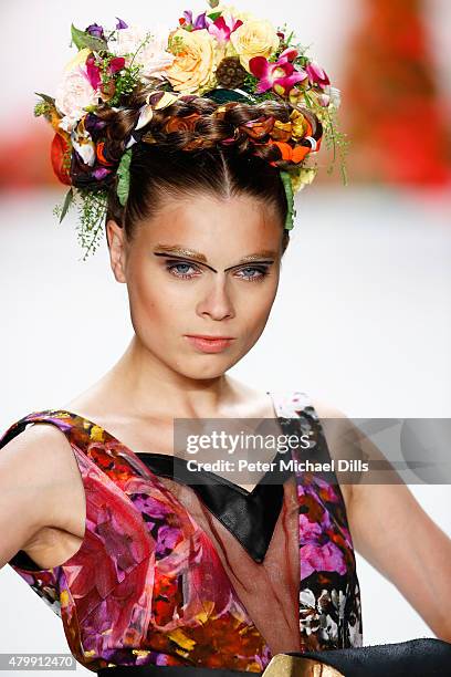 Model walks the runway at the Rebekka Ruetz show during the Mercedes-Benz Fashion Week Berlin Spring/Summer 2016 at Brandenburg Gate on July 8, 2015...