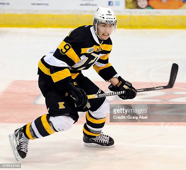 Ryan Verbeek of the Kingston Frontenacs skates up ice against the Mississauga Steelheads during game action on March 16, 2014 at the Hershey Centre...