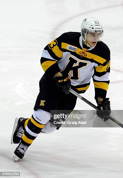 Henri Ikonen of the Kingston Frontenacs skates up ice against the Mississauga Steelheads during game action on March 16, 2014 at the Hershey Centre...