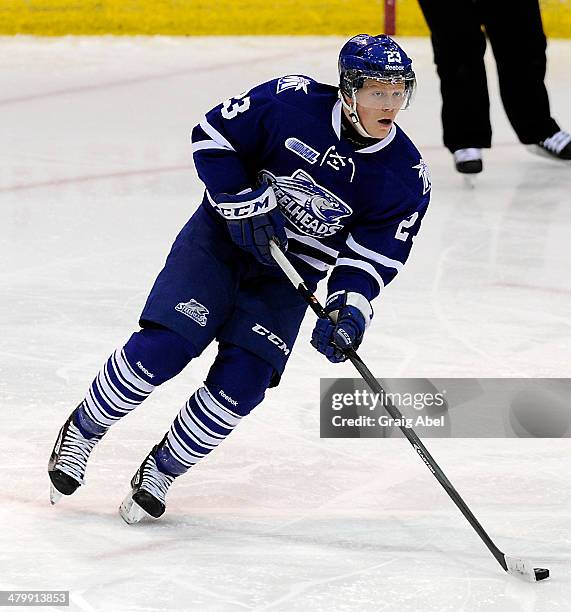 Stefan Leblanc of the Mississauga Steelheads controls the puck against the Kingston Frontenacs during game action on March 16, 2014 at the Hershey...