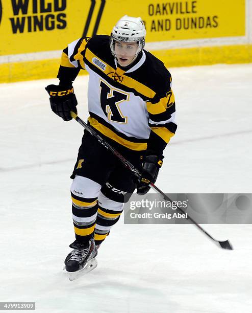 Evan McEneny of the Kingston Frontenacs skates up ice against the Mississauga Steelheads during game action on March 16, 2014 at the Hershey Centre...