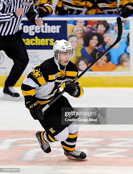 Henri Ikonen the Kingston Frontenacs skates up ice against the Mississauga Steelheads during game action on March 16, 2014 at the Hershey Centre in...