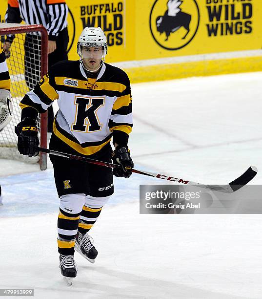 Mikko Valnonen of the Kingston Frontenacs watches the play against the Mississauga Steelheads during game action on March 16, 2014 at the Hershey...